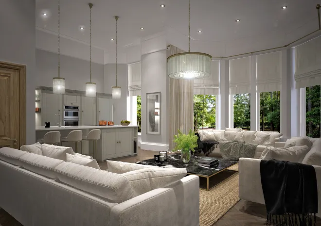 an elegant open plan living-kitchen space in neutral white tone with large white deep-filled sofas with large traditional timber sash & casement windows on