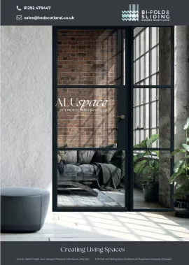Cover image of BSD Scotland's Alupace brochure; including brochure title, company contact details & logo and image of the aluspace internal screen with a v