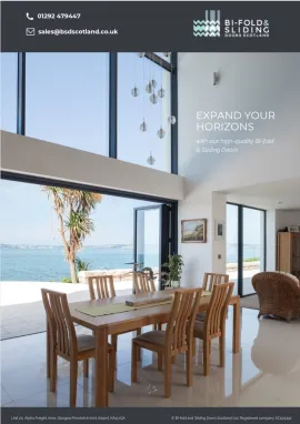 cover page for BSD Scotland's brochure for Bi-fold windows and doors and sliding door product ranges - including text of brochure title and image of an exp