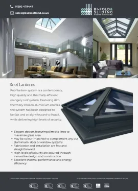 The front cover of BSD Scotland's Roof Lantern brochure including; text with brochure title, product description, company contact details and logo, 3 image